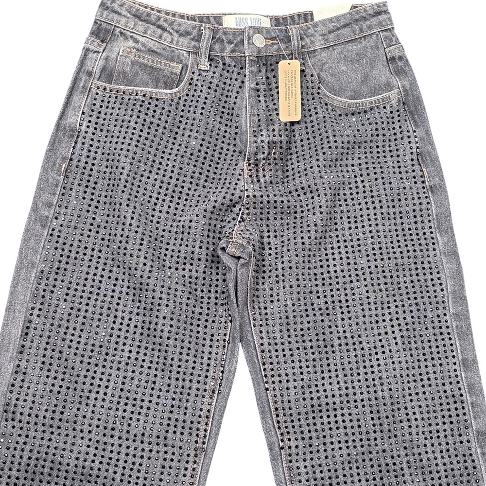 MISS LOVE Rhinestone Wide Leg Jeans Mid Rise Full Length Distressed Black Size S